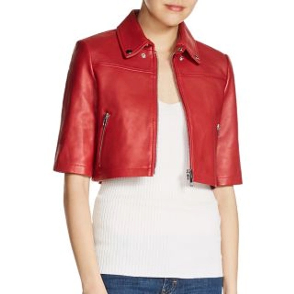 Red MAJE Brittany Cropped Leather Jacket In  Red, size 38